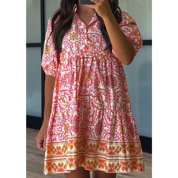 Talulah Malia Floral Puff Sleeve Tiered Mini Dress Womens Size Medium New Pink - Picture 2 of 11